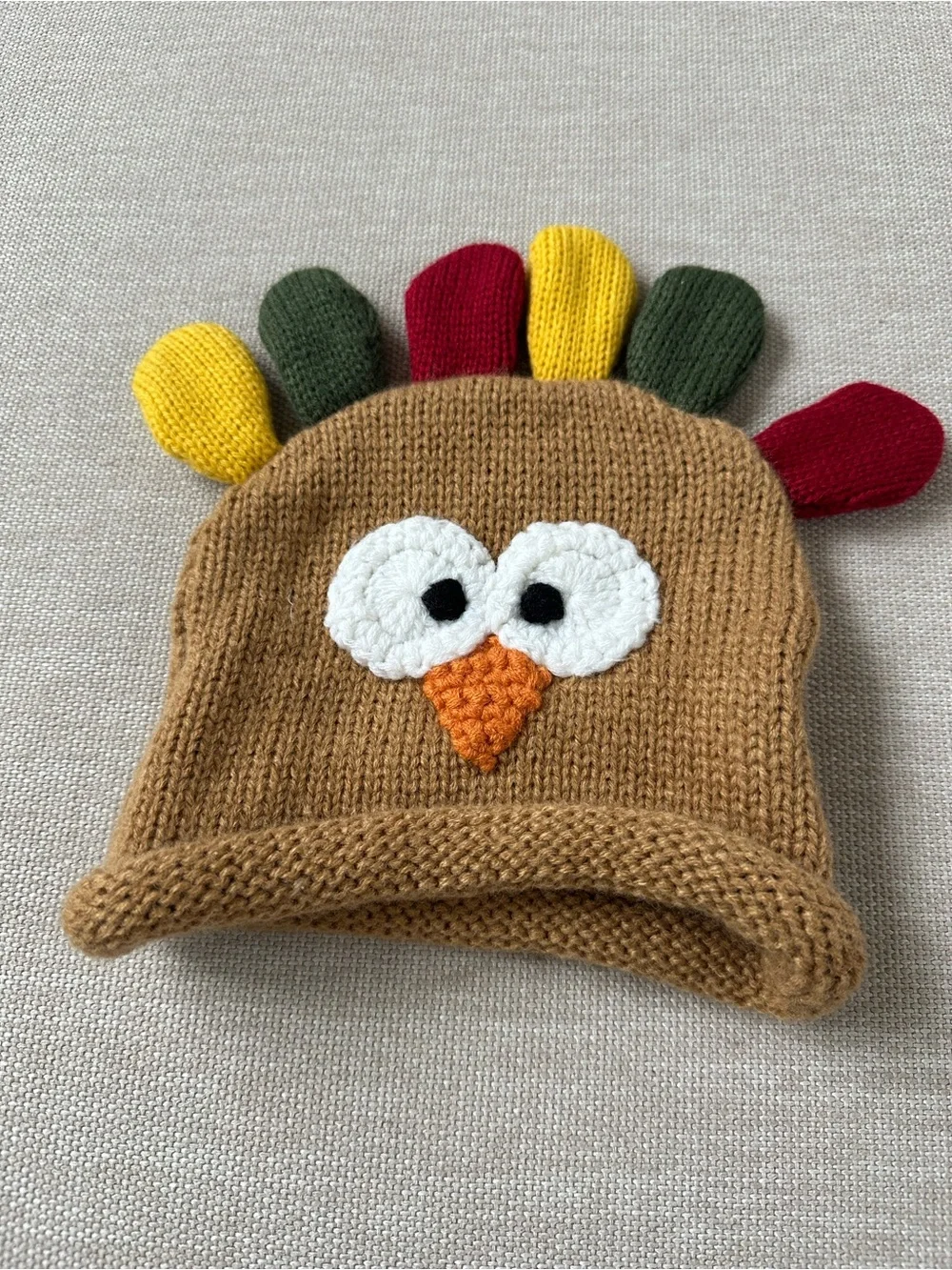 Mud Pie Brown Knit Turkey Hat with Red, Yellow & Green Feathers